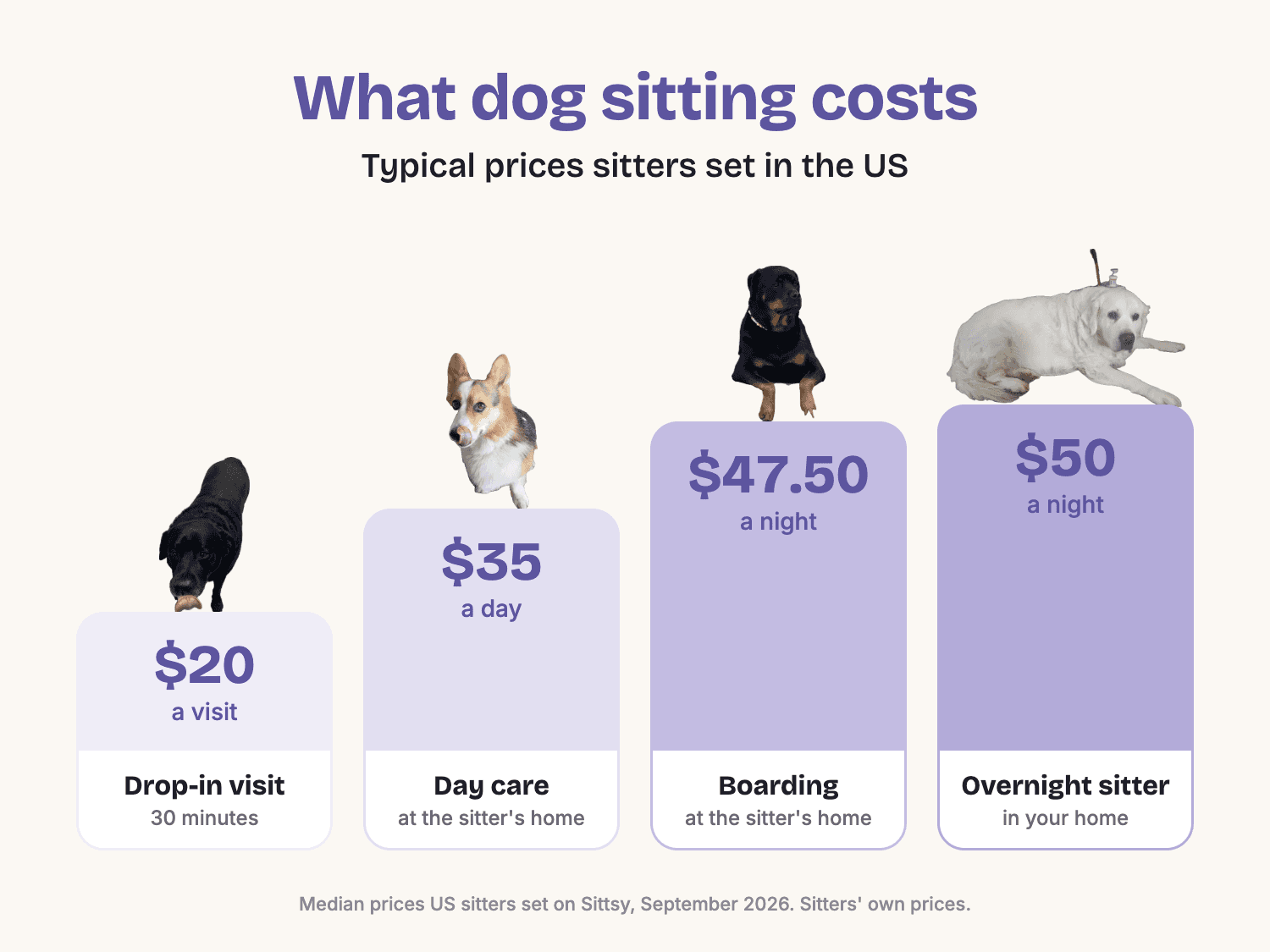 Typical US dog sitting prices: a 30-minute drop-in visit $20, day care $35 a day, boarding at the sitter's home $47.50 a night, an overnight sitter in your home $50 a night